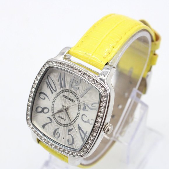 Embassy Watch Womens Silver Tone Stainless Steel Rhinestones Dial Big Numbers - Picture 1 of 8